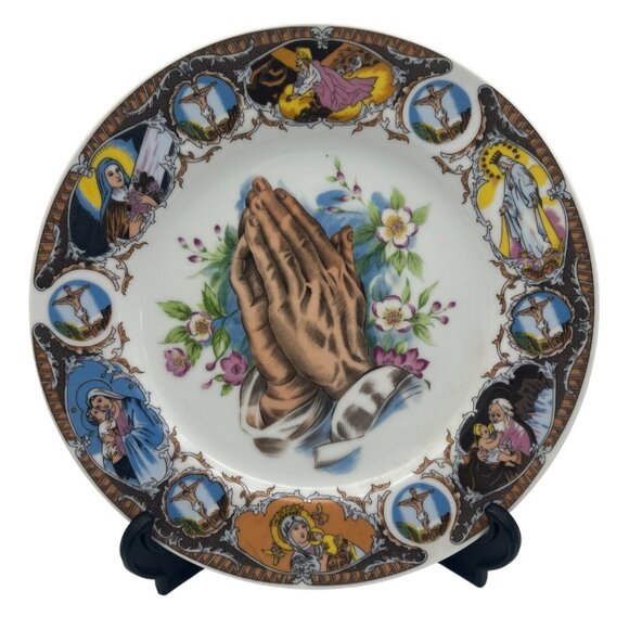 Vintage Praying Hands Religious Plate Scenes Of Jesus / Mary Edge Japan - Picture 1 of 8